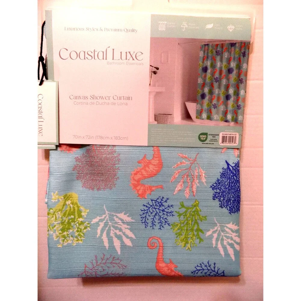 NEW Fabric Sea Horses Fish Shower Curtain Florida Home By: Coastal Luxe
